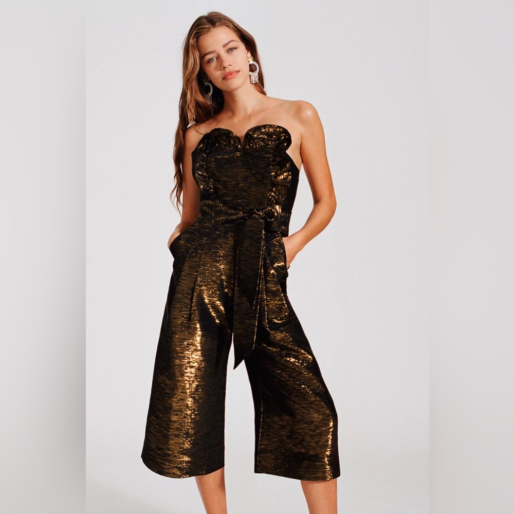 Corey Lynn Calter Anthropologie Gold Metallic Sweetheart Wide Leg Jumpsuit 2